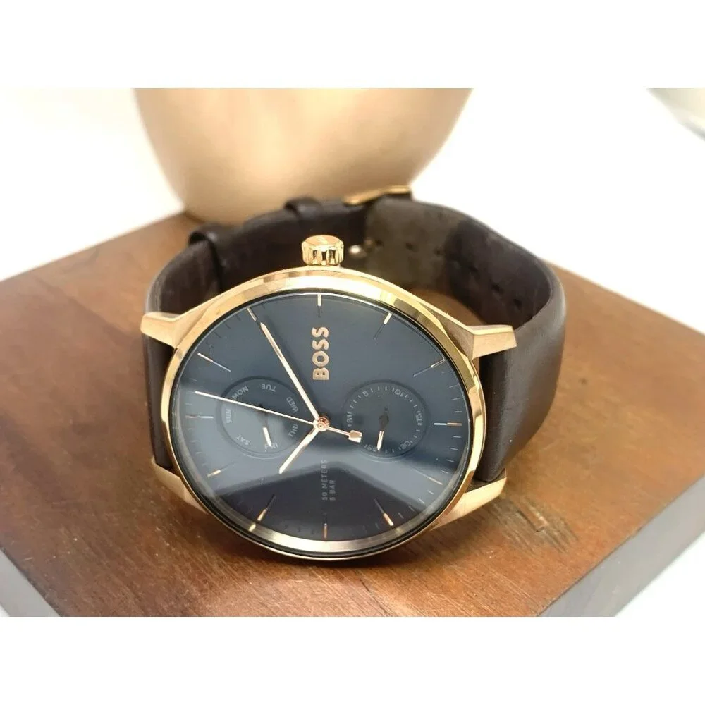 Hugo Boss Mens Watch 1514103 Tyler Quartz Rose Gold Blue Dial Brown Leather 43mm